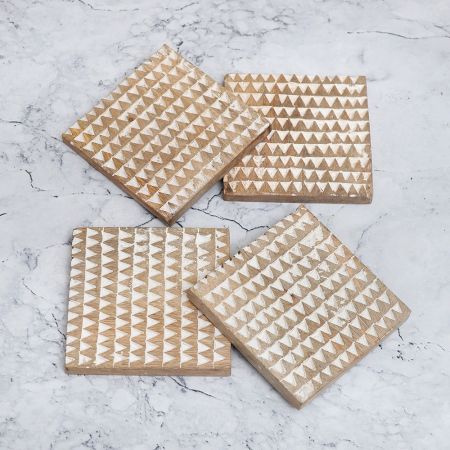 Handmade Brown and White Pattern Wooden Coasters - Pack of 4